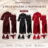Burgundy Silk Satin 4-Piece Lingerie & Nightwear Set For Women – Luxury Soft Satin Sleepwear, Free Size