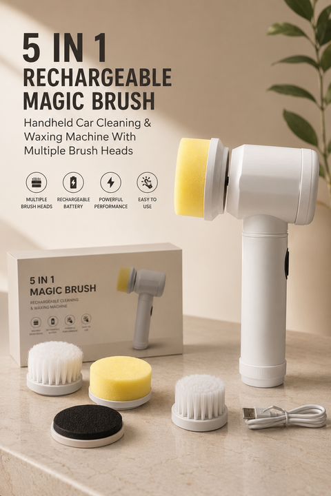 5 In 1 Rechargeable Magic Brush – Handheld Car Cleaning & Waxing Machine With Multiple Brush Heads