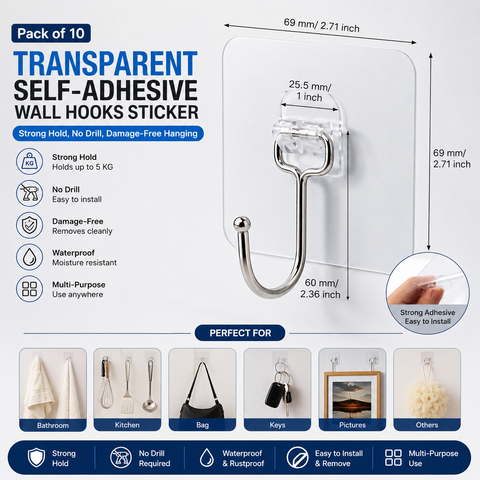 Transparent Self-Adhesive Wall Hooks Sticker – Strong Hold, No Drill, Damage-Free Hanging - Pack of 10