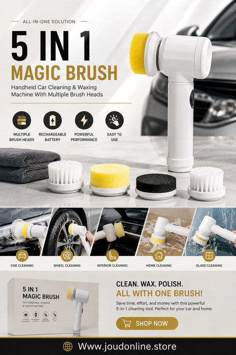 5 In 1 Rechargeable Magic Brush – Handheld Car Cleaning & Waxing Machine With Multiple Brush Heads