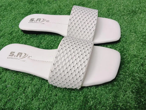 Women Rhinestone Slides White Synthetic Leather Formal Wear