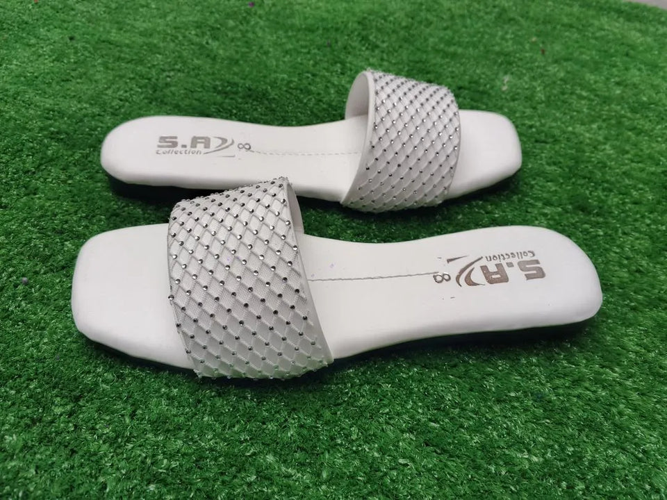 Women Rhinestone Slides White Synthetic Leather Formal Wear