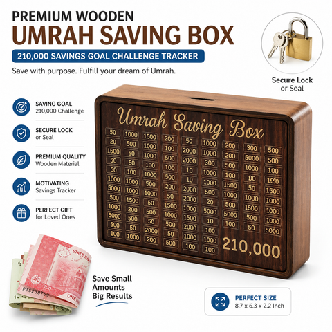 Premium Wooden Umrah Saving Box – 210,000 Savings Goal Challenge Tracker