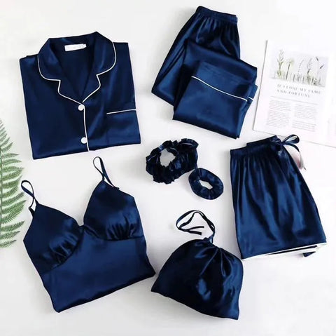 Navy Silk 5-Piece Night Suit Set for Women