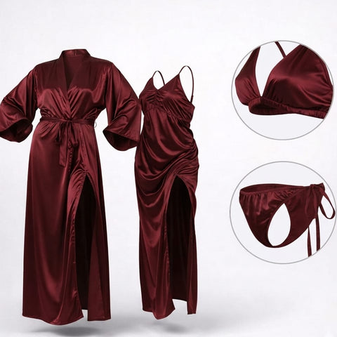 Burgundy Silk Satin 4-Piece Lingerie & Nightwear Set For Women – Luxury Soft Satin Sleepwear, Free Size