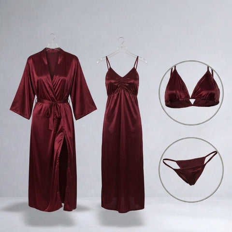 Burgundy Silk Satin 4-Piece Lingerie & Nightwear Set For Women – Luxury Soft Satin Sleepwear, Free Size