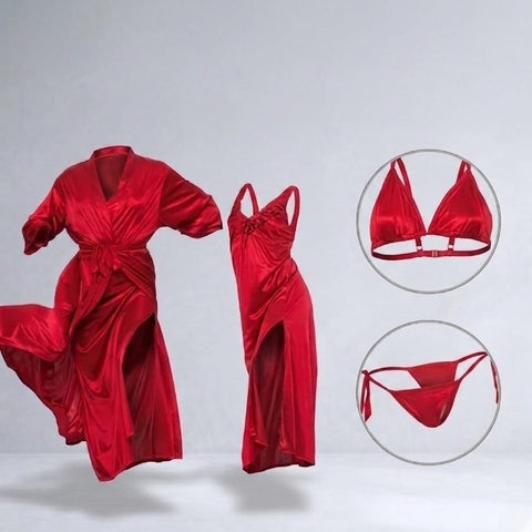 Burgundy Silk Satin 4-Piece Lingerie & Nightwear Set For Women – Luxury Soft Satin Sleepwear, Free Size