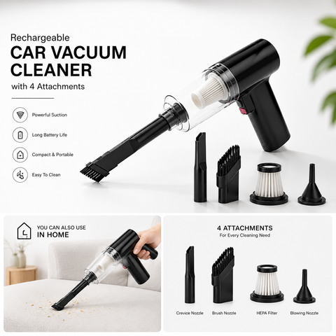 Rechargeable Car Vacuum Cleaner with 4 Attachments